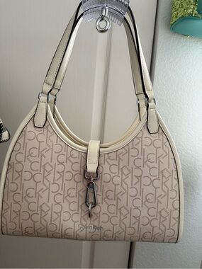 NWOT Calvin Klein Cream Monogram Top-Handle Shoulder Bag with matching wallet